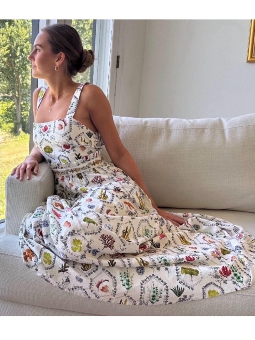 Floral and Sea Plants Print White Linen Maxi Dress with Straps Low Back
